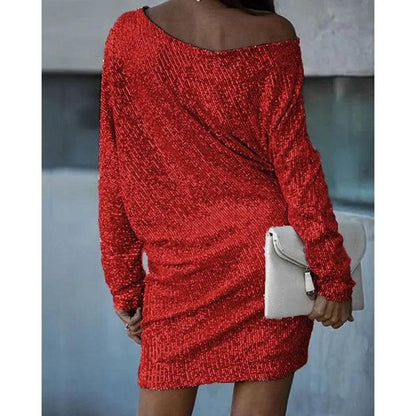 Sophia – Glitter Mini Jurk met Off-Shoulder Design