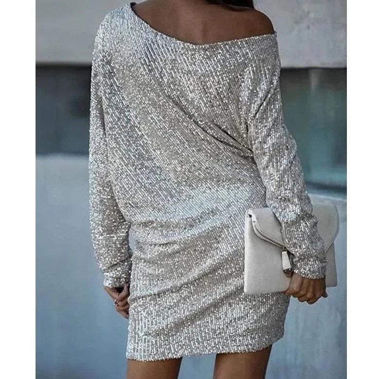 Sophia – Glitter Mini Jurk met Off-Shoulder Design