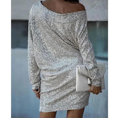 Sophia – Glitter Mini Jurk met Off-Shoulder Design