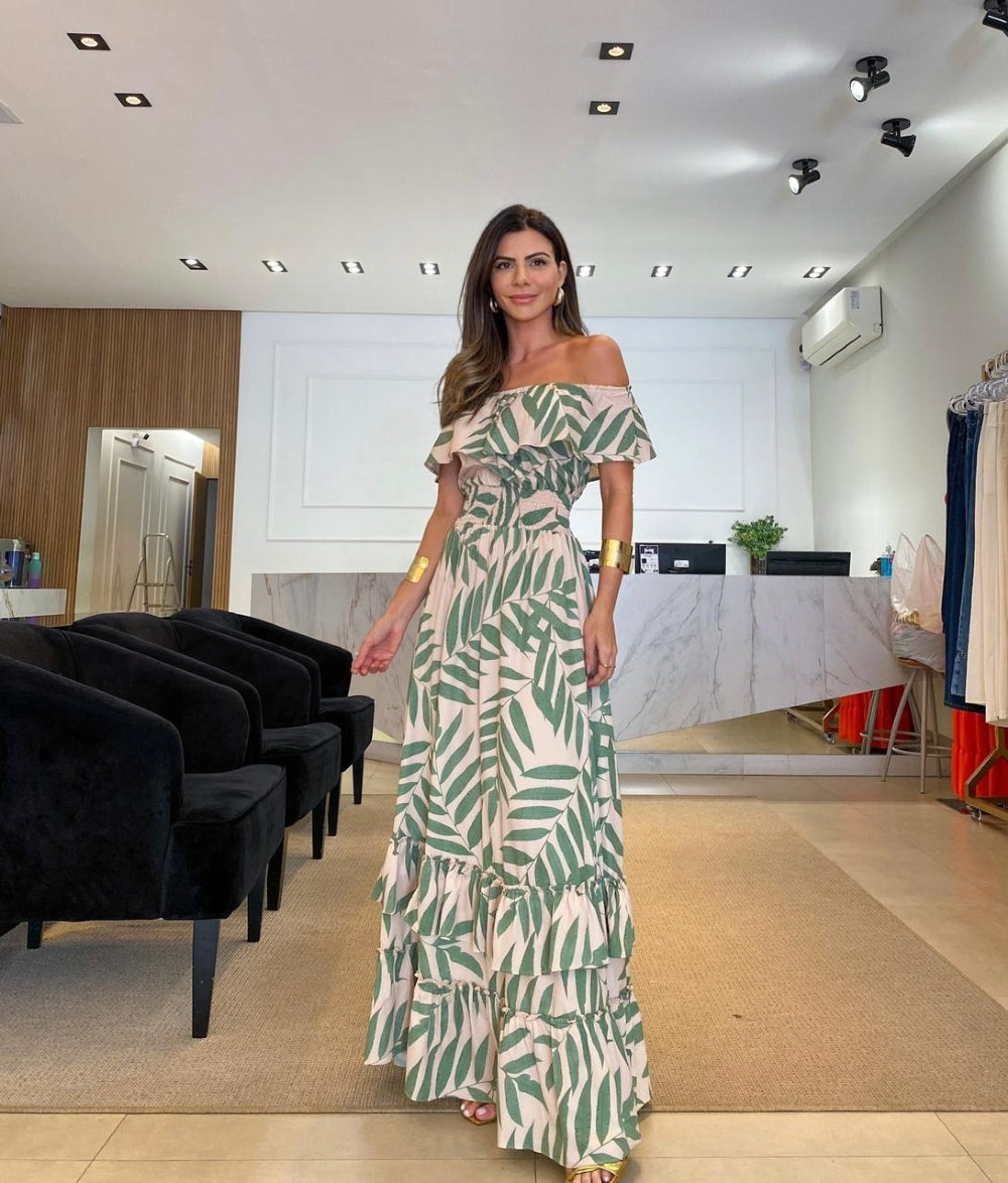 Noelle - Gestaffelde maxi jurk met bladprint voor dames