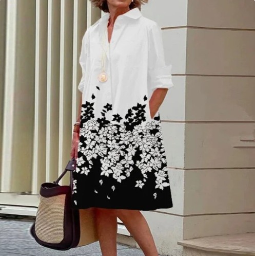 Stijlvolle Midi Jurk Voor Vrouwen Met Overhemdkraag en Zakken