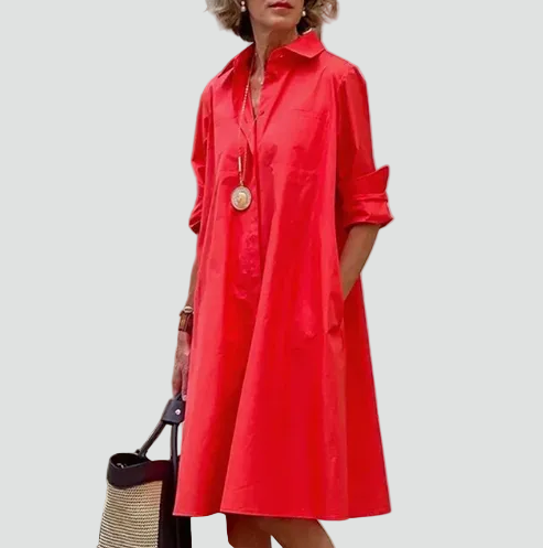 Stijlvolle Midi Jurk Voor Vrouwen Met Overhemdkraag en Zakken