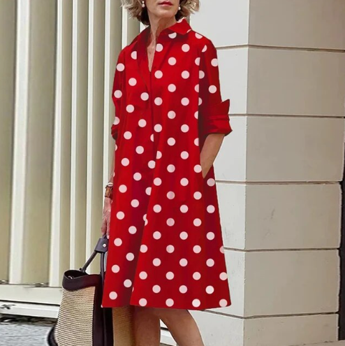 Stijlvolle Midi Jurk Voor Vrouwen Met Overhemdkraag en Zakken