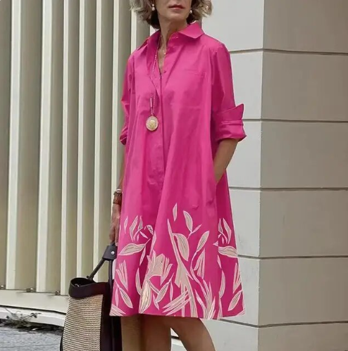 Stijlvolle Midi Jurk Voor Vrouwen Met Overhemdkraag en Zakken