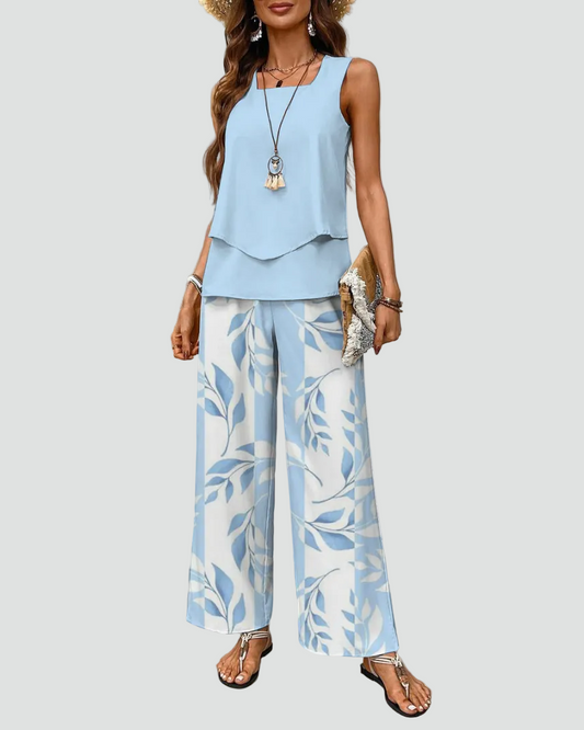 Vrouwen Co ord Set Met Gelaagde Top En Wijde Pantalon