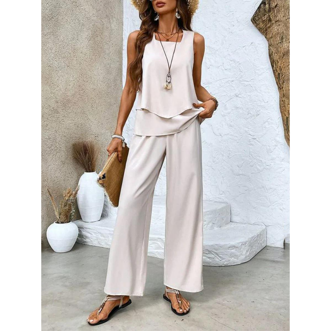 Vrouwen Co ord Set Met Gelaagde Top En Wijde Pantalon