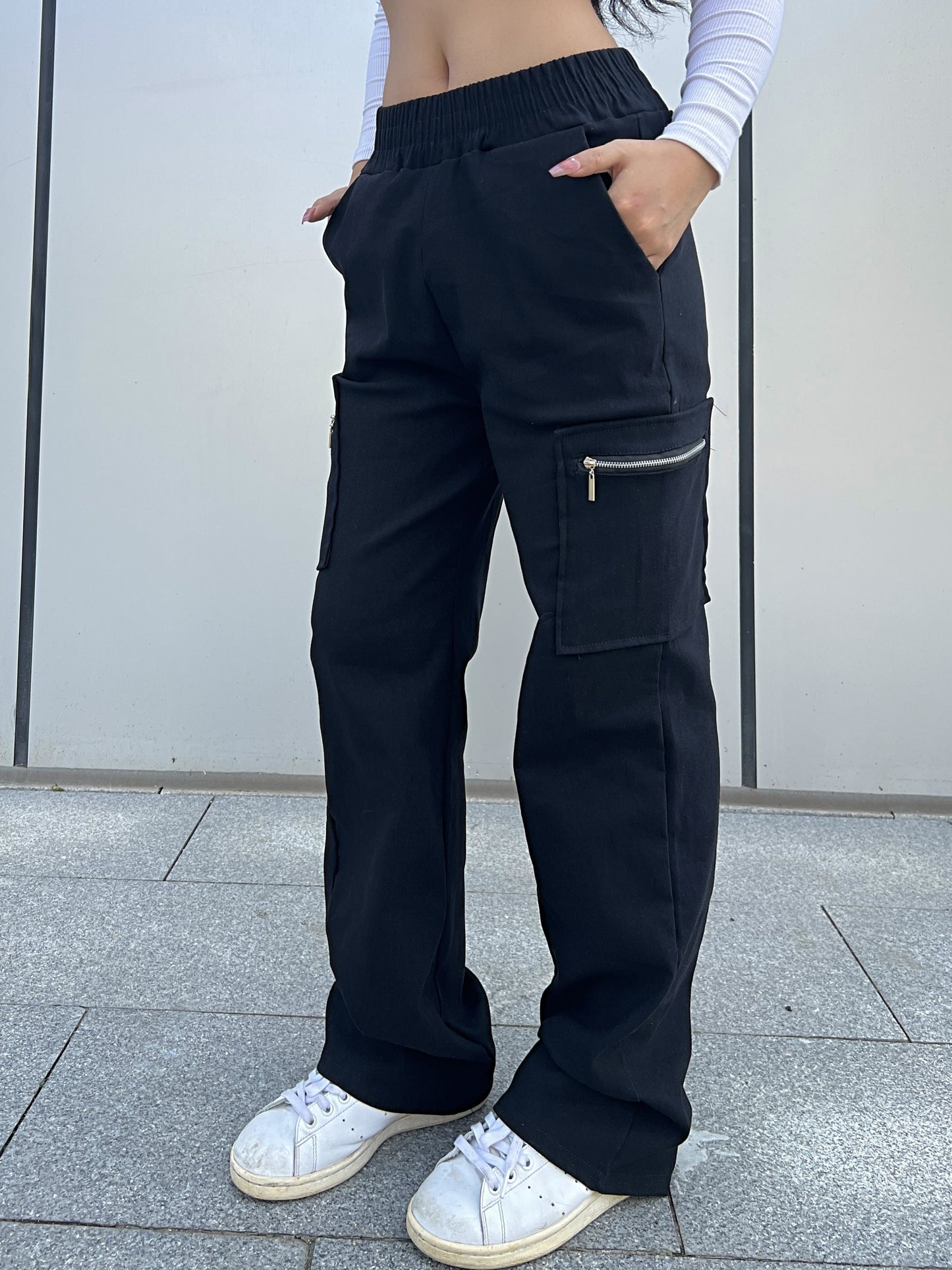 Stoere Zwarte High Waist Cargo Broek Voor Vrouwen Rechte Pijpen