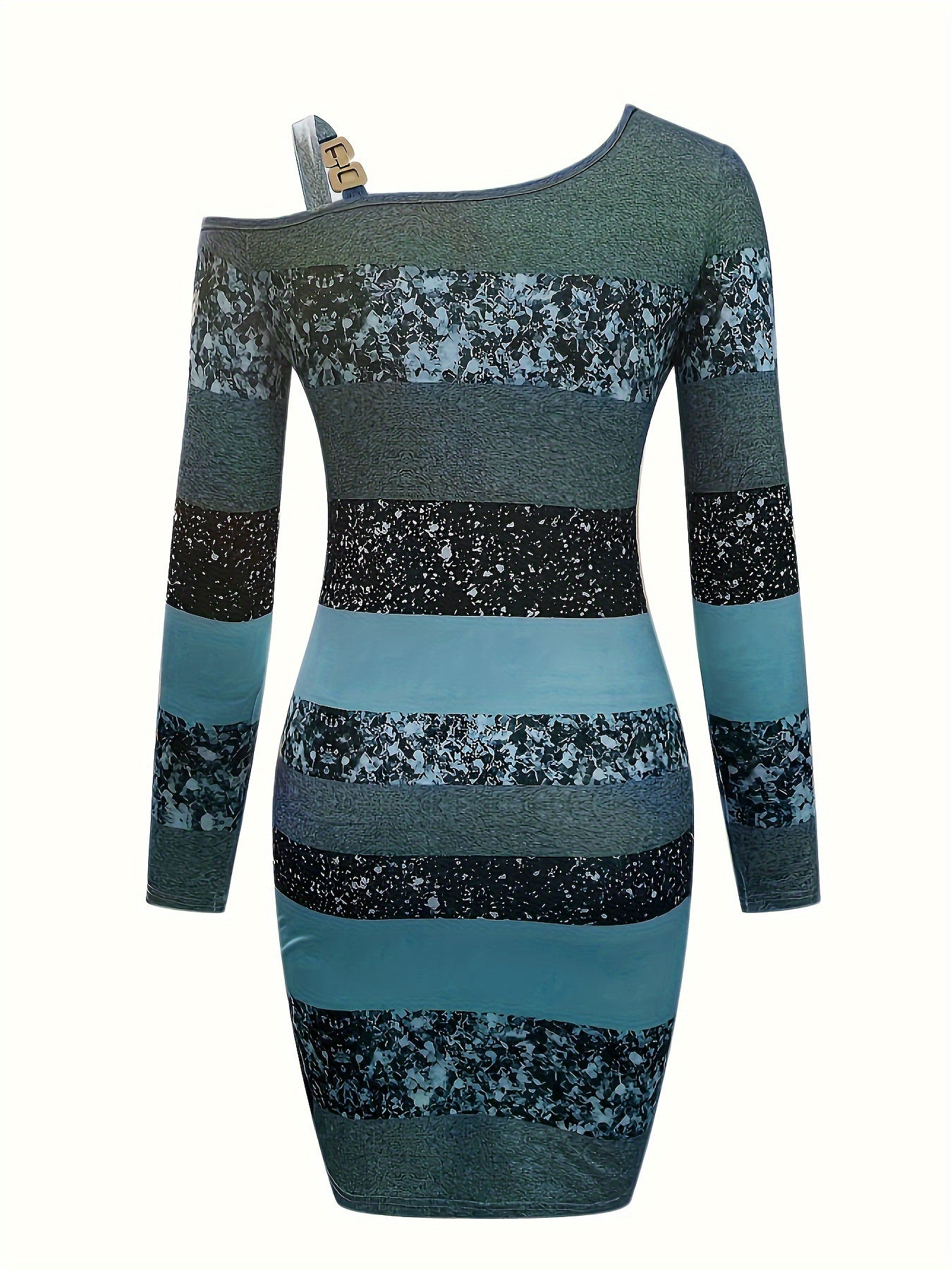 Pailletten Bodycon Mini Jurk Met Glitterstrepen En Asymmetrische Hals