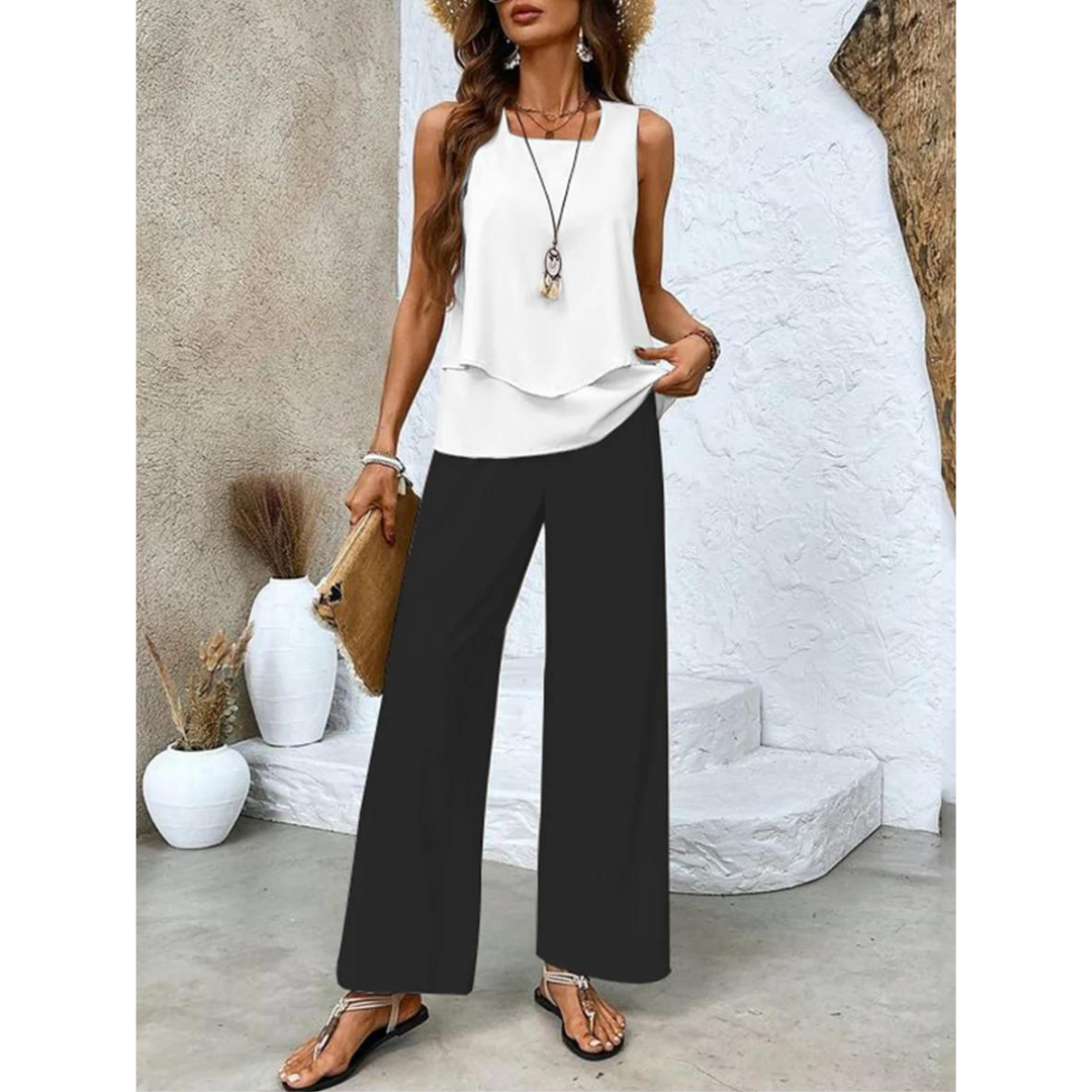 Vrouwen Co ord Set Met Gelaagde Top En Wijde Pantalon