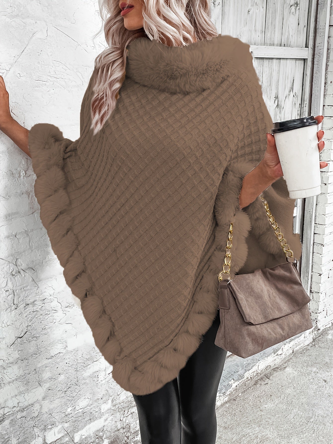 Warme Stijlvolle Poncho Trui Voor Dames Me Bontlook Col