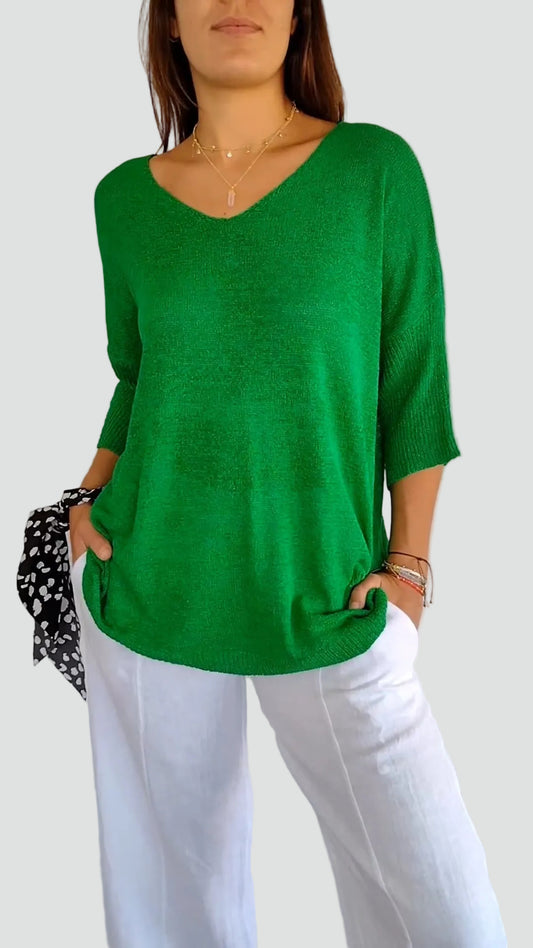 Comfortabele Dames Trui met V-hals en Driekwart Mouwen