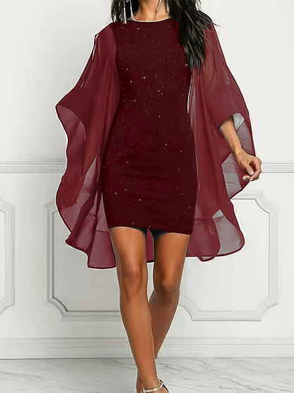 Glitter Cocktail Mini Jurk Met Mesh Vleermuismouwen En Ronde Hals