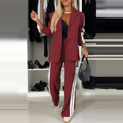 Dames Blazer Broek Set Met Streep En Wijde Broek