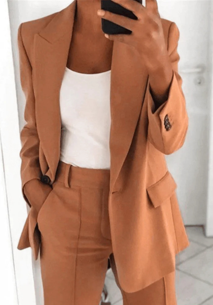 Chique Vrouwen Blazer Set Met Lange Blazer En Wijde Broek