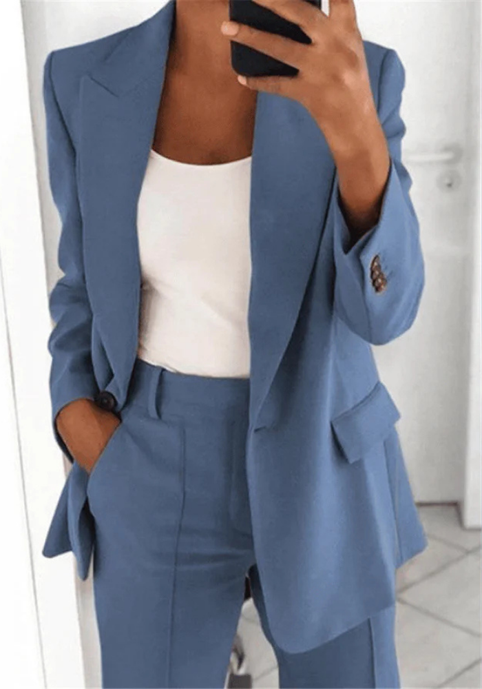 Chique Vrouwen Blazer Set Met Lange Blazer En Wijde Broek