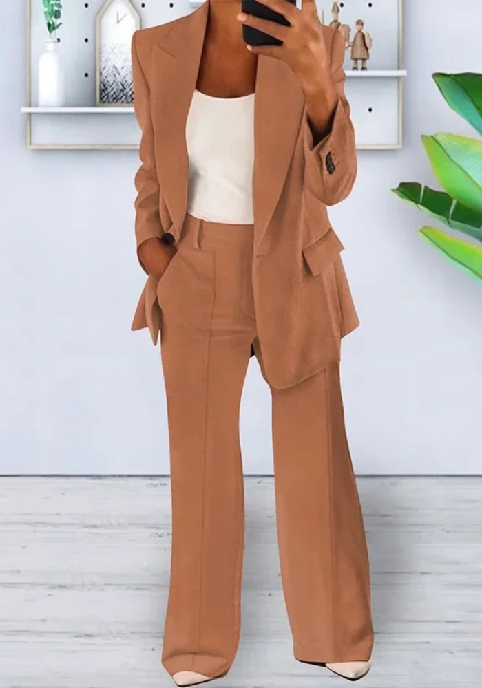 Chique Vrouwen Blazer Set Met Lange Blazer En Wijde Broek