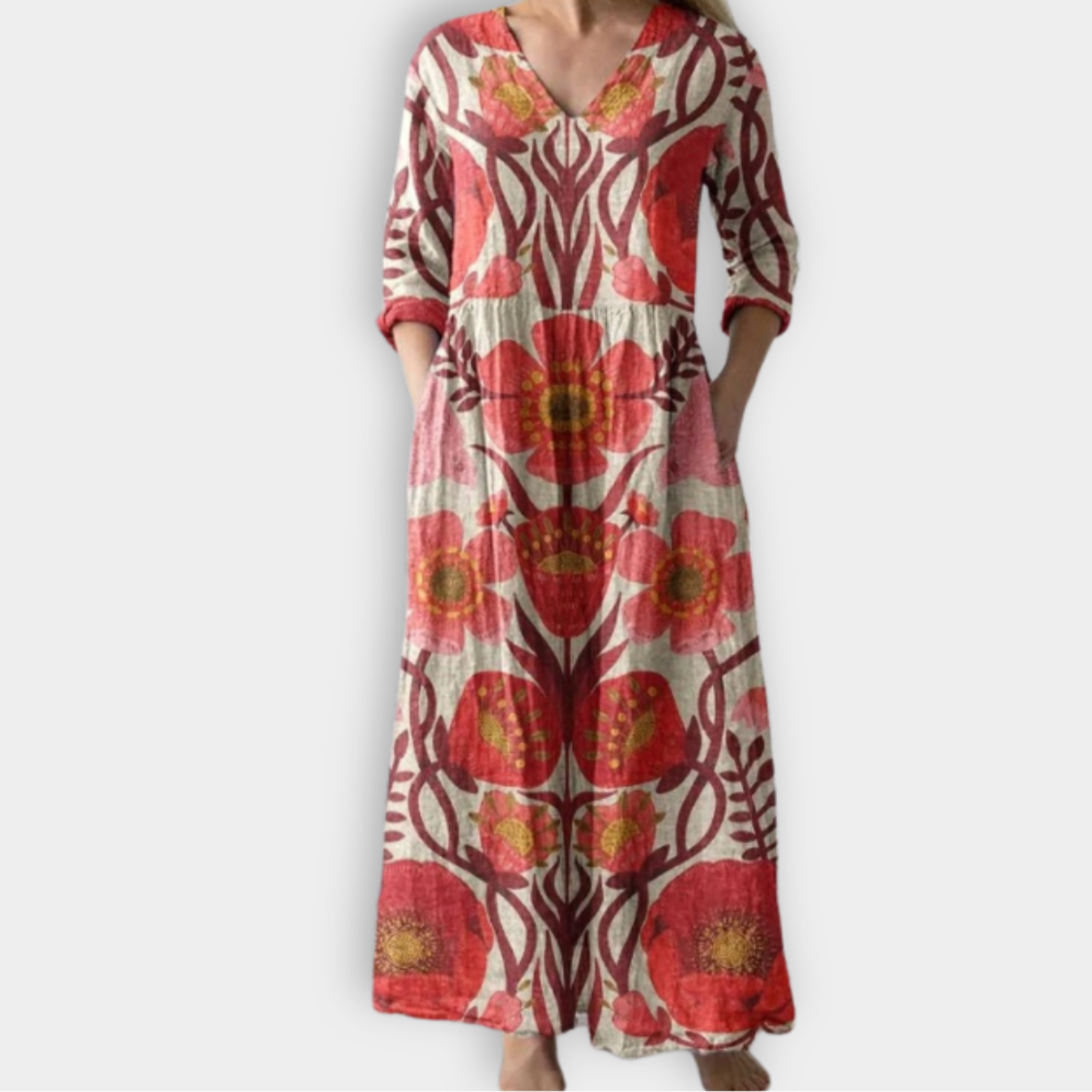Francesca - Maxi-jurk met Gedurfde Bloemenprint en V-hals voor Dames