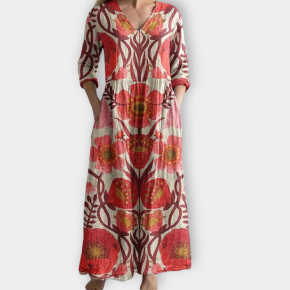 Francesca - Maxi-jurk met Gedurfde Bloemenprint en V-hals voor Dames