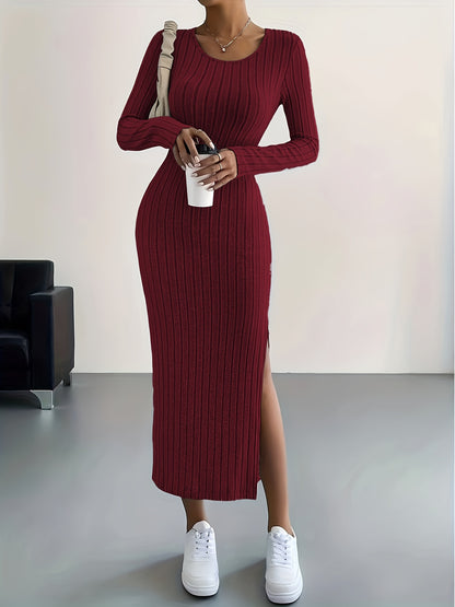 Elegante Warme Geribde Midi Sweaterjurk Voor Dames Met Split