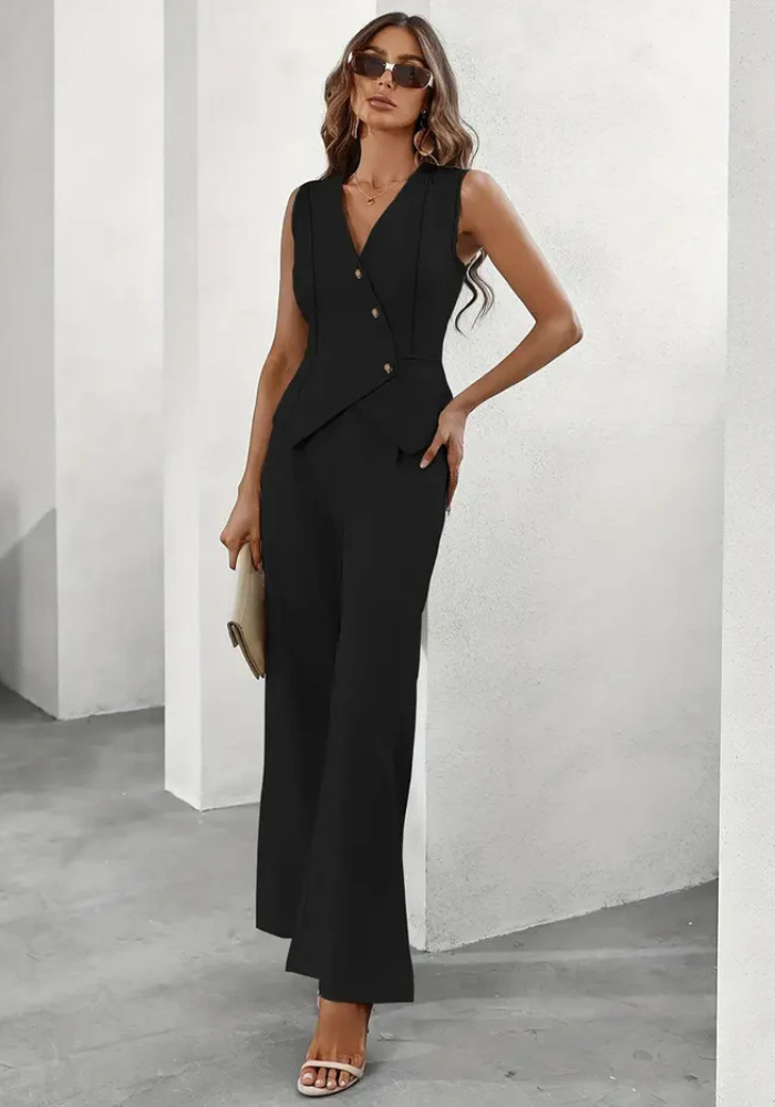 Vrouwen Elegante Gilet En Wijde Pantalon Set Met Knopen