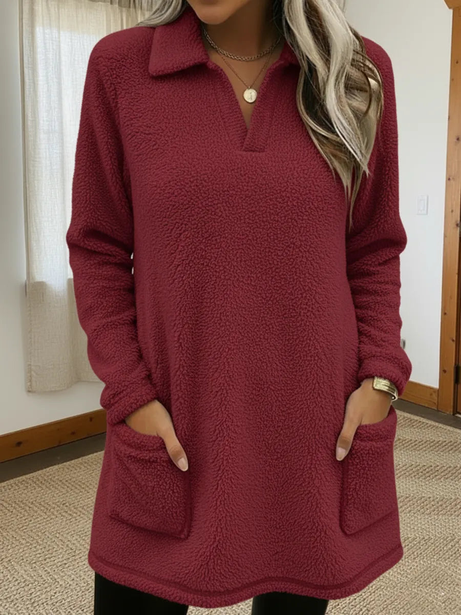 Comfortabele Fleece Sweater voor Dames Met Kraag En Zakken