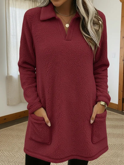 Comfortabele Fleece Sweater voor Dames Met Kraag En Zakken