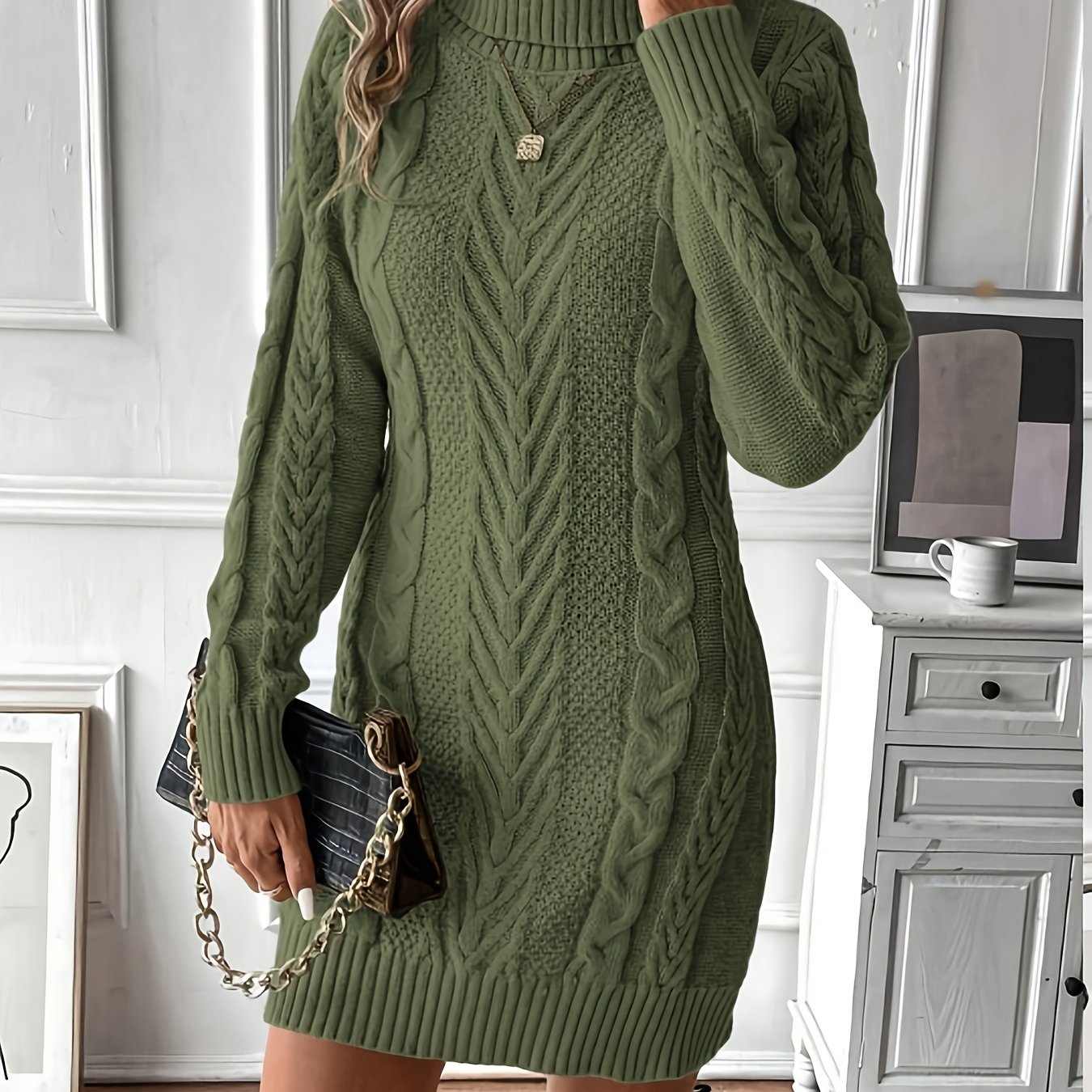 Kabelgebreide Mini Sweaterjurk Met Col Voor Dames Winter
