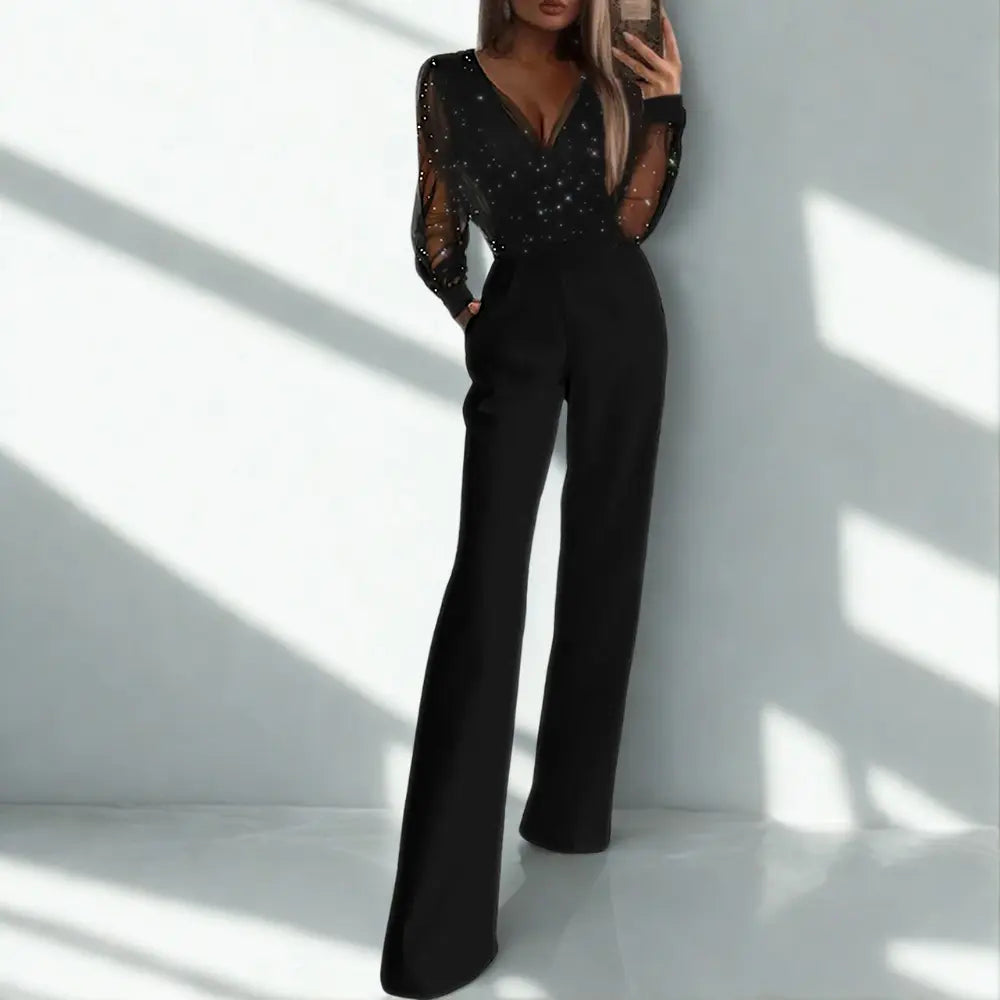 Party Jumpsuit Met Glitter Mesh Mouwen En Wijde Pijpen Voor Dames
