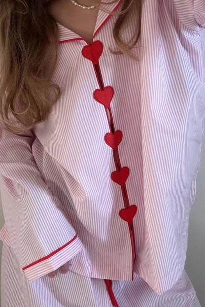 Zachte Pyjama Set Voor Vrouwen Lange Mouw Met Hartjes Knopen