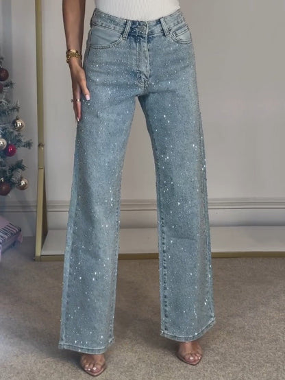 High Waist Wide Leg Jeans Met Strass Voor Vrouwen