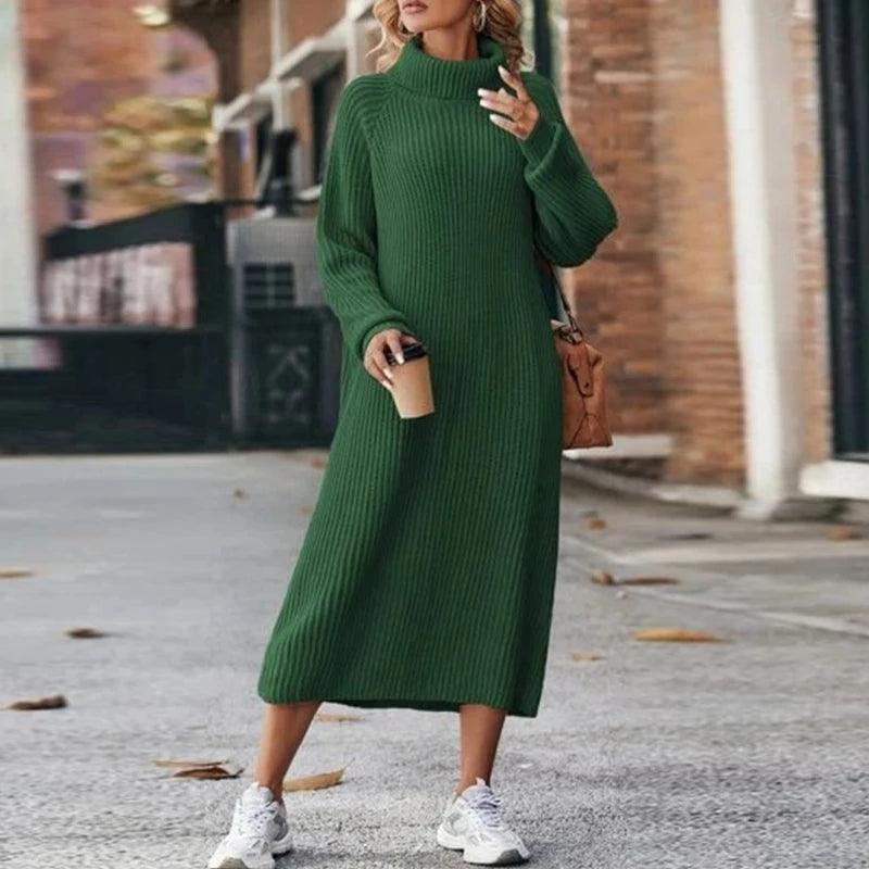 Warme Dames Gebreide Zachte Maxi Sweater Jurk met Col