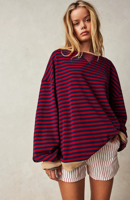 Gestreepte Oversized Sweater Voor Vrouwen Met Ronde Hals