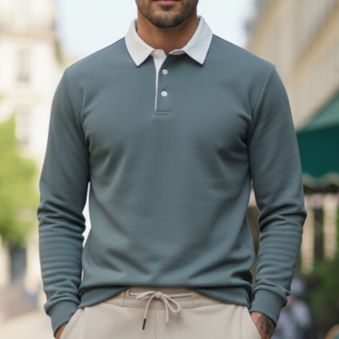 Heren Polo Trui Met Lange Mouwen En Contrasterende Kraag