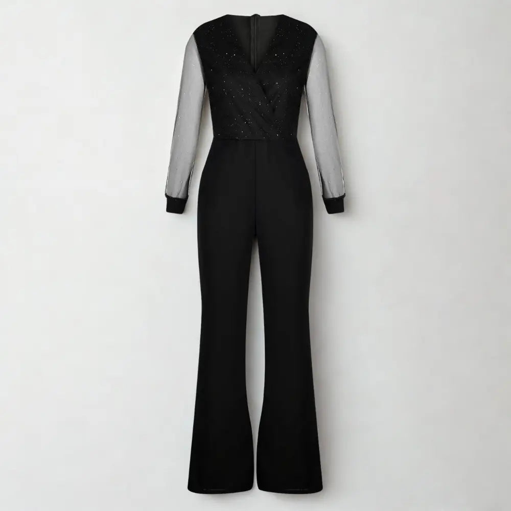 Party Jumpsuit Met Glitter Mesh Mouwen En Wijde Pijpen Voor Dames