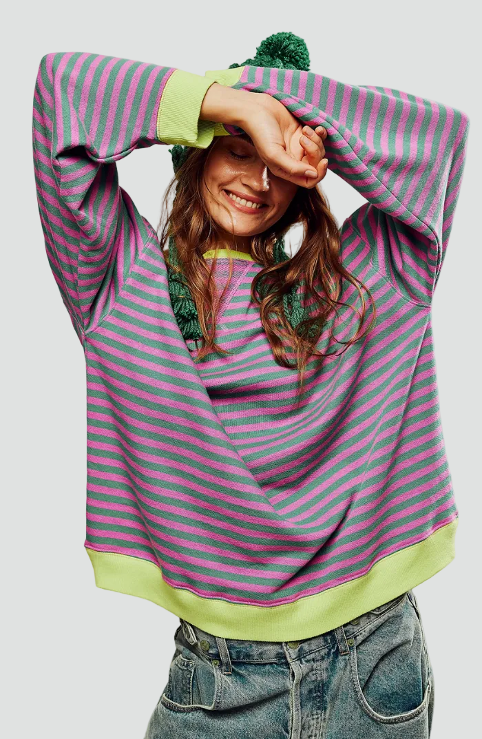 Gestreepte Oversized Sweater Voor Vrouwen Met Ronde Hals