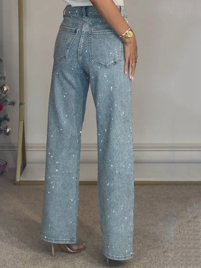 High Waist Wide Leg Jeans Met Strass Voor Vrouwen