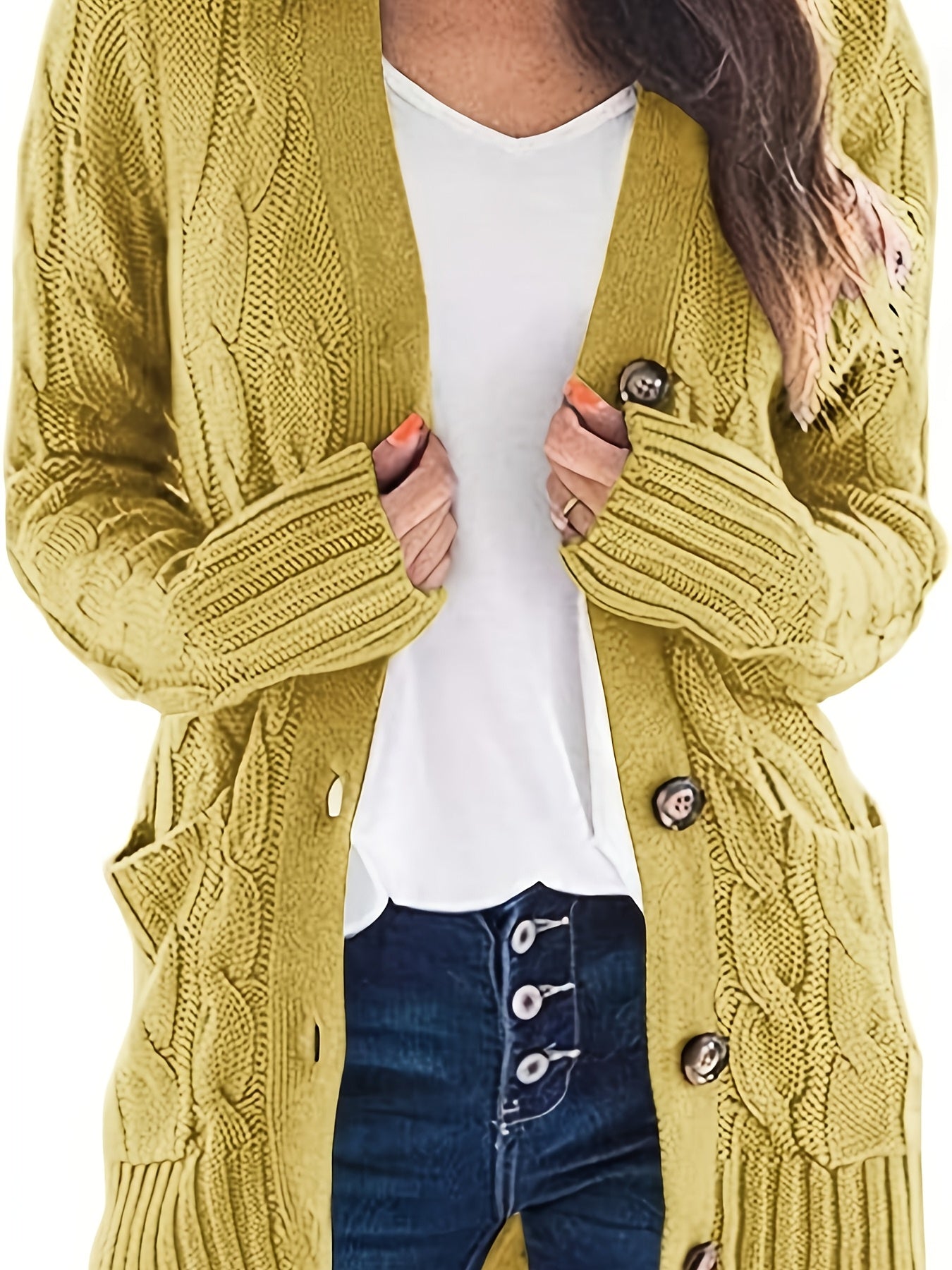 Warm Kabelgebreid Dames Vest Met Knopen En Zakken