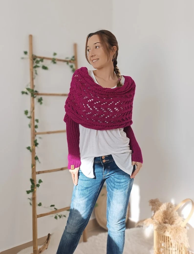 Comfortabele Gebreide Cape Sjaal Met Mouwen Voor Dames
