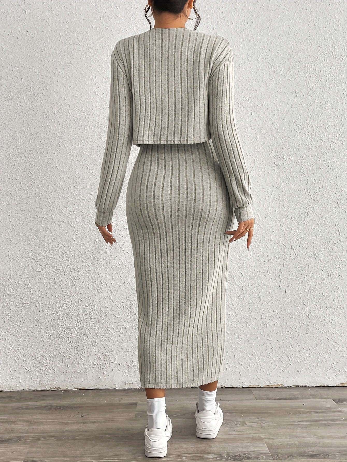 Stijlvolle Geribde Midi jurk Set Voor Dames Met Bolero Vest En Split