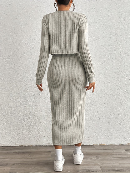 Stijlvolle Geribde Midi jurk Set Voor Dames Met Bolero Vest En Split