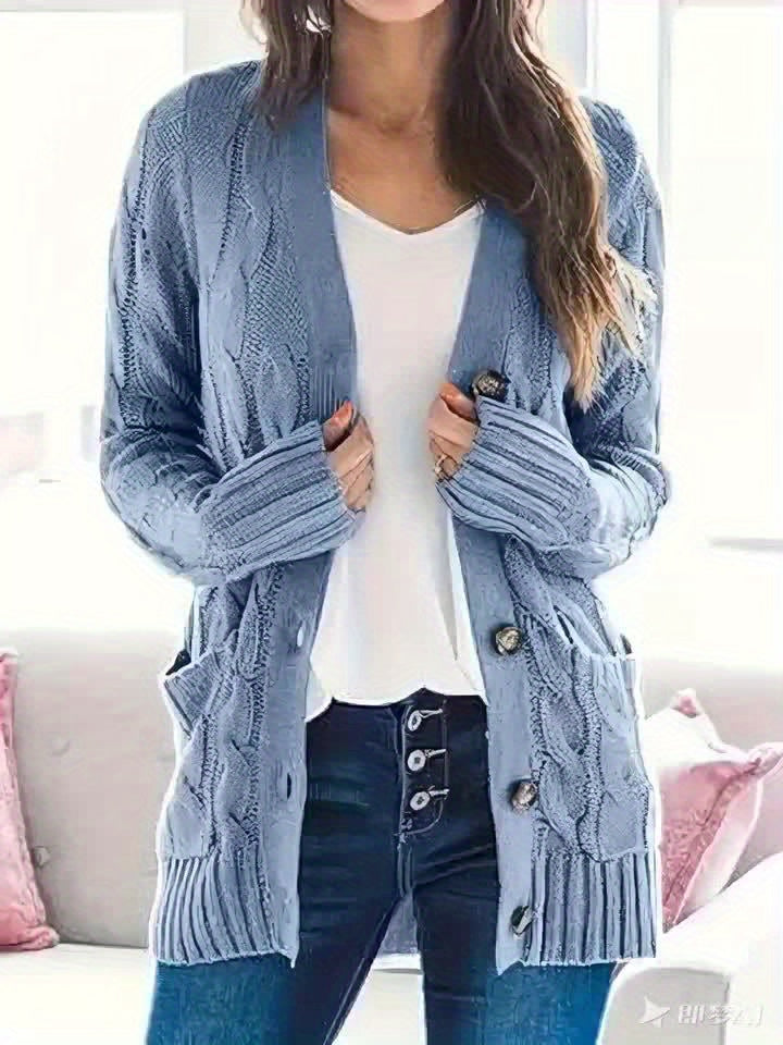 Warm Kabelgebreid Dames Vest Met Knopen En Zakken