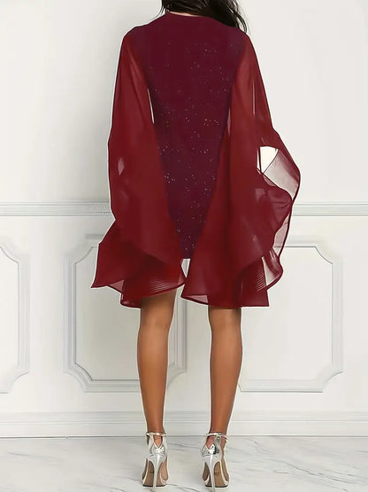 Glitter Cocktail Mini Jurk Met Mesh Vleermuismouwen En Ronde Hals