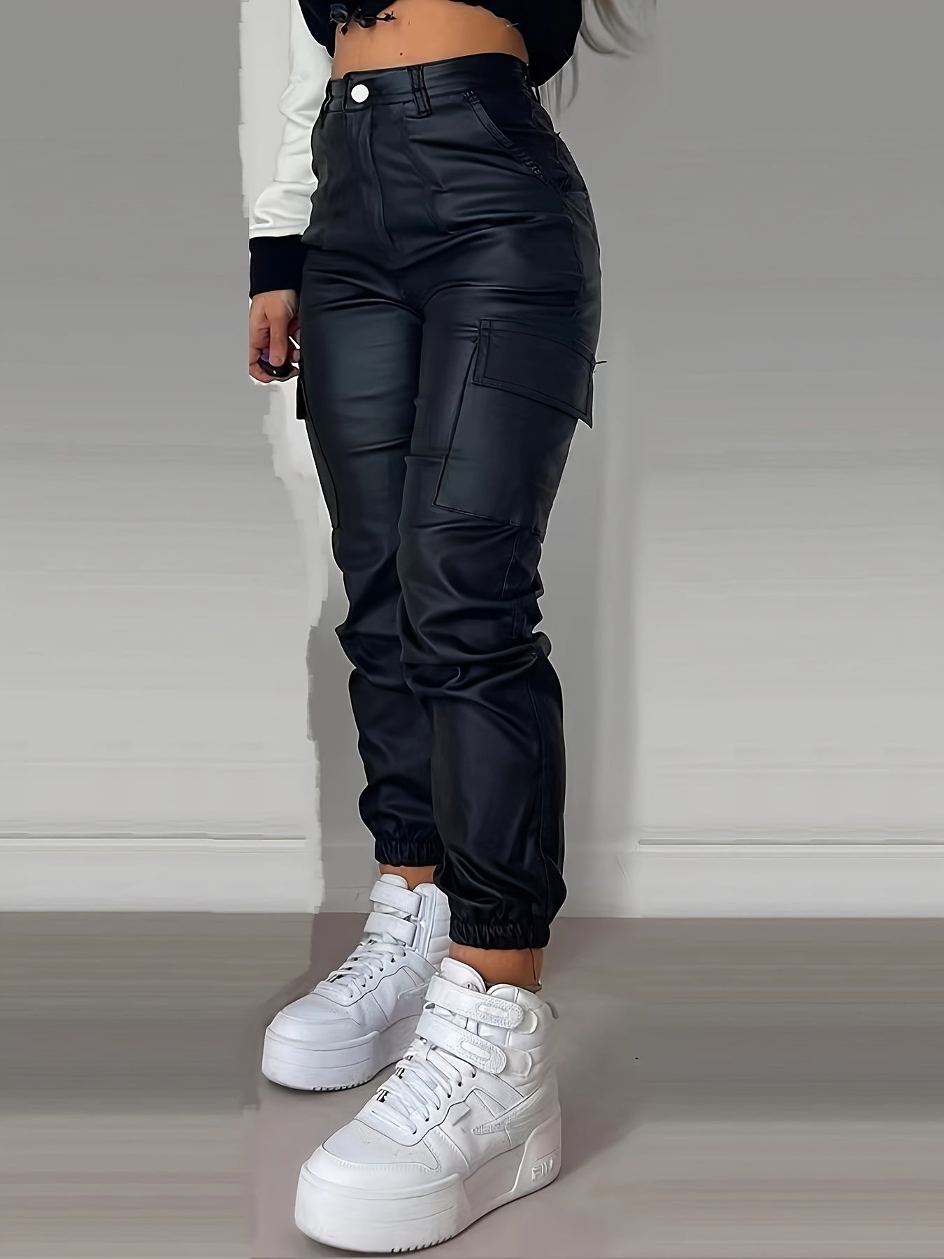 Stoere PU Leren Cargo Broek Voor Dames Met Hoge Taille En Zakken