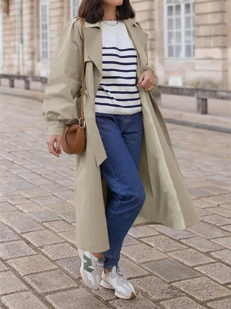 Elegante Waterdichte Dames Maxi Trenchcoat Met Ceintuur