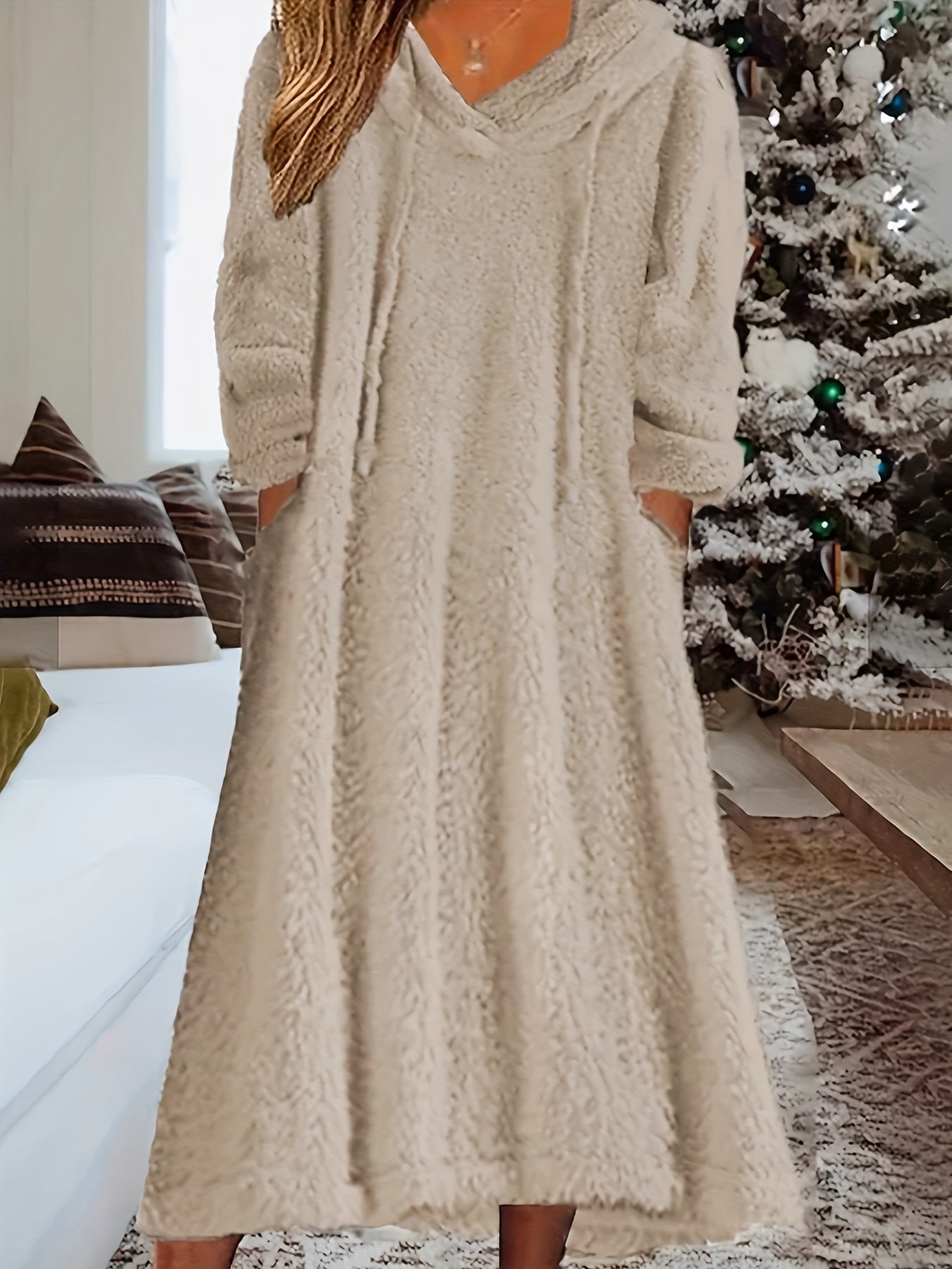 Knusse Warme Teddy Maxi Sweaterjurk Met Zakken Voor Dames