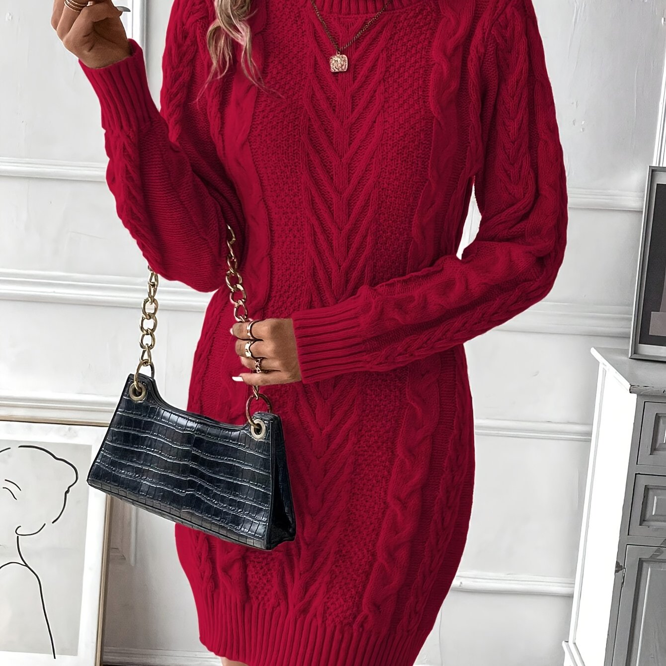 Kabelgebreide Mini Sweaterjurk Met Col Voor Dames Winter