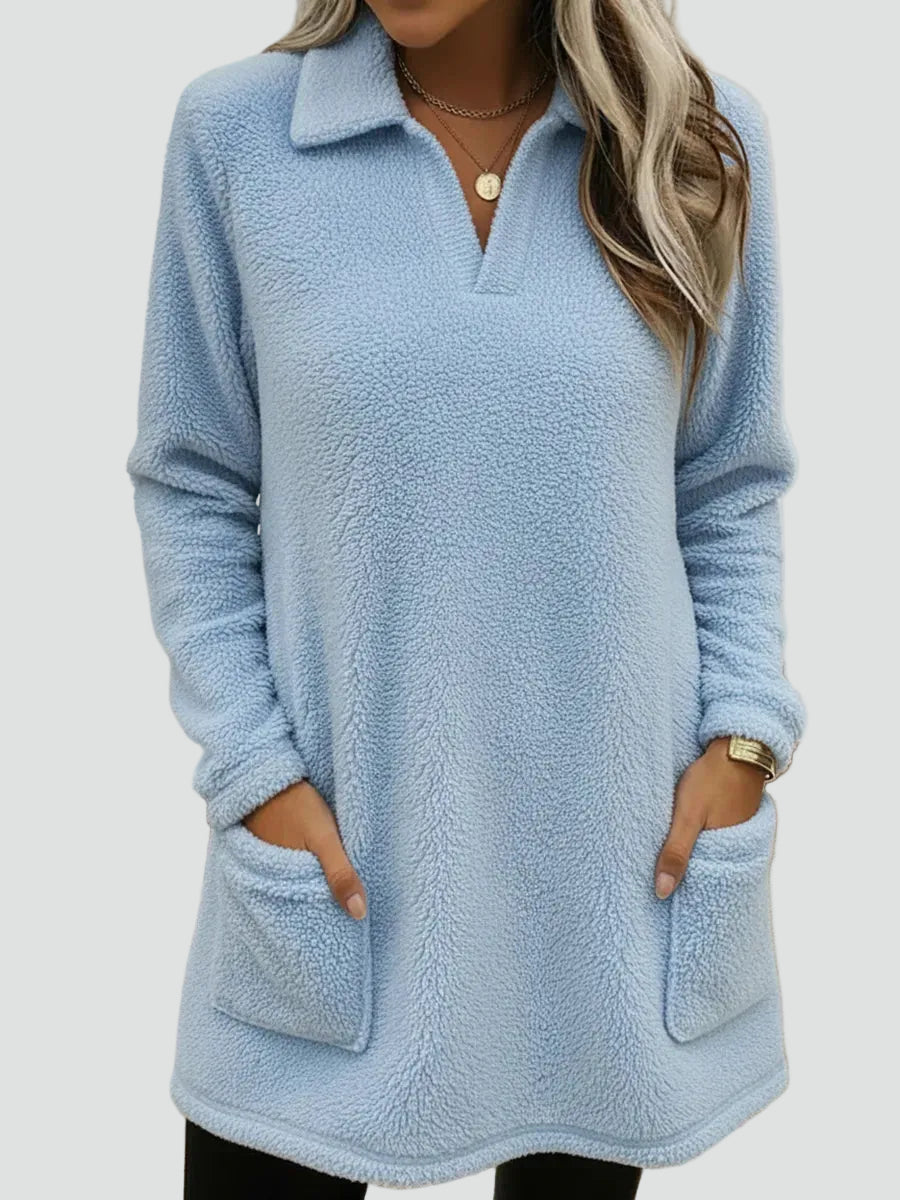 Comfortabele Fleece Sweater voor Dames Met Kraag En Zakken