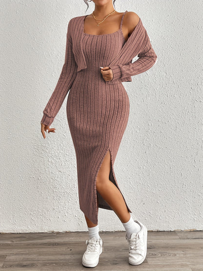 Stijlvolle Geribde Midi jurk Set Voor Dames Met Bolero Vest En Split