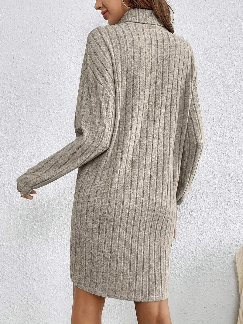Warme Geribde Mini Sweaterjurk Voor Dames Met Col En Lange Mouwen