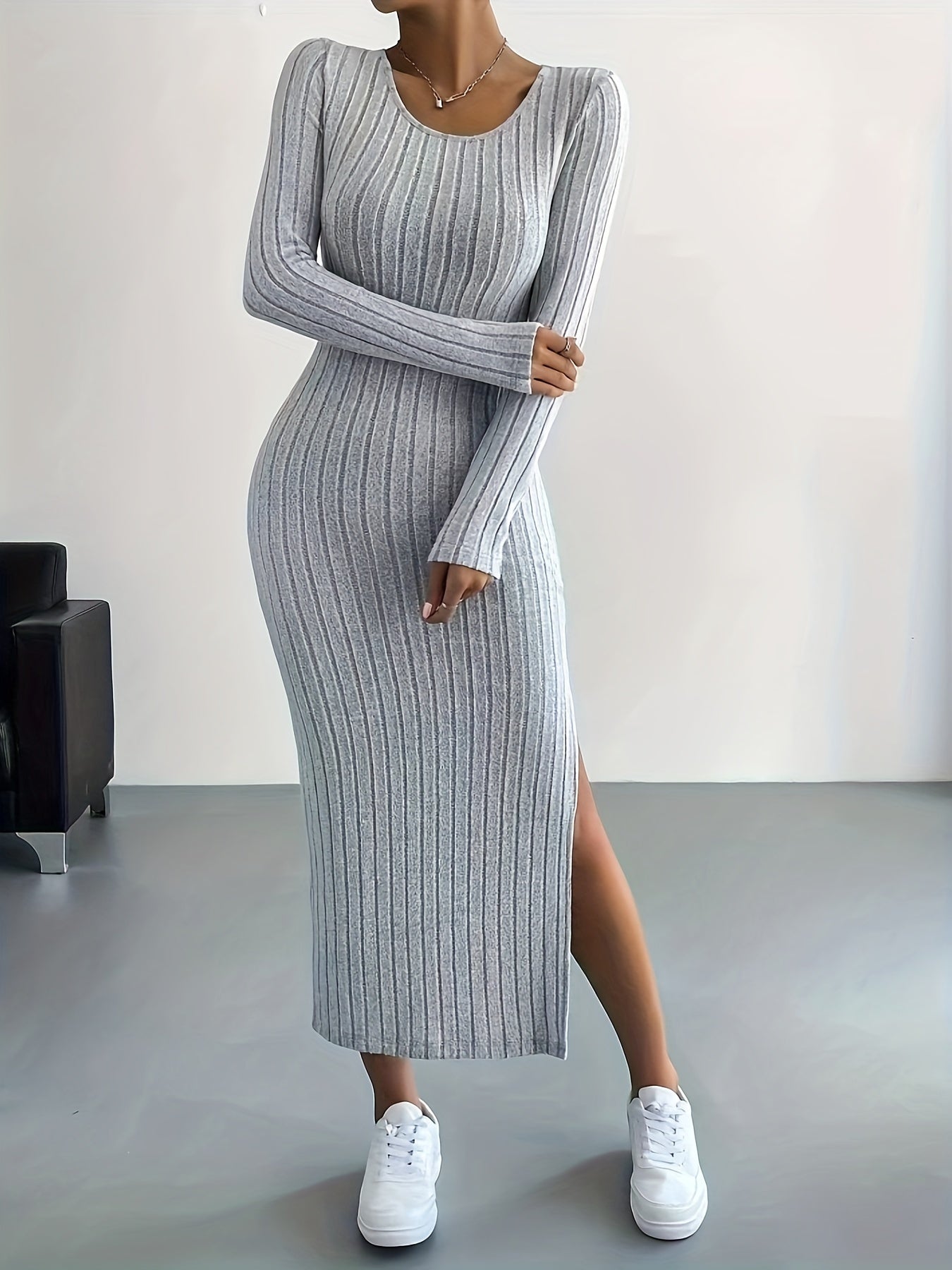 Elegante Warme Geribde Midi Sweaterjurk Voor Dames Met Split